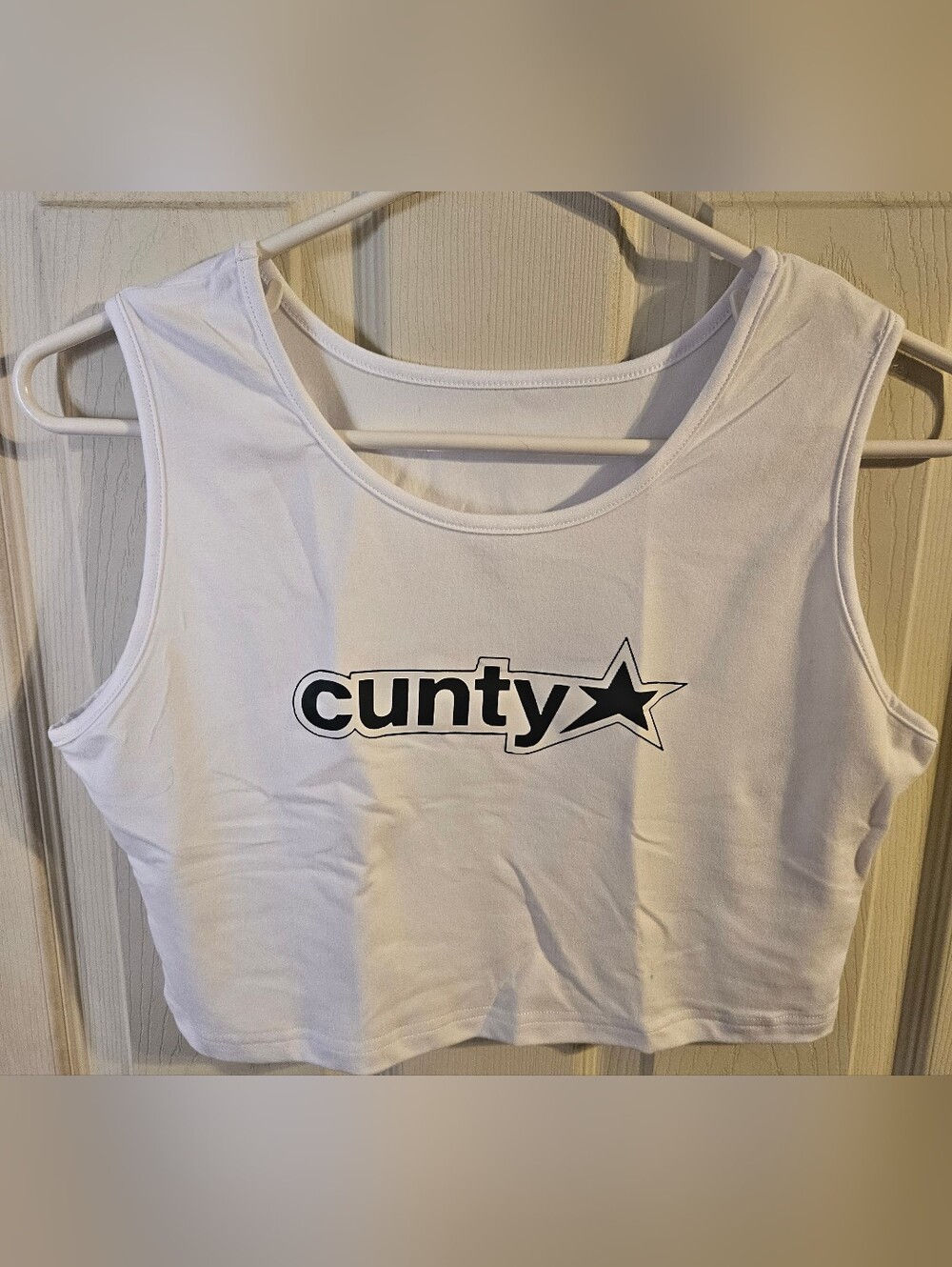 White Graphic Crop Tank with Black Logo Star